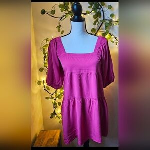 Shinestar pink Magenta Baby Doll Square Neckline Puffy Half Sleeve tiered Dress